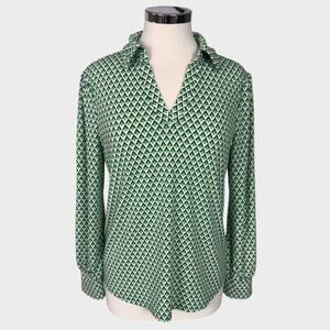 Adrianna Papell M Green White Geometric Print Collared Top Long Sleeve Polyester